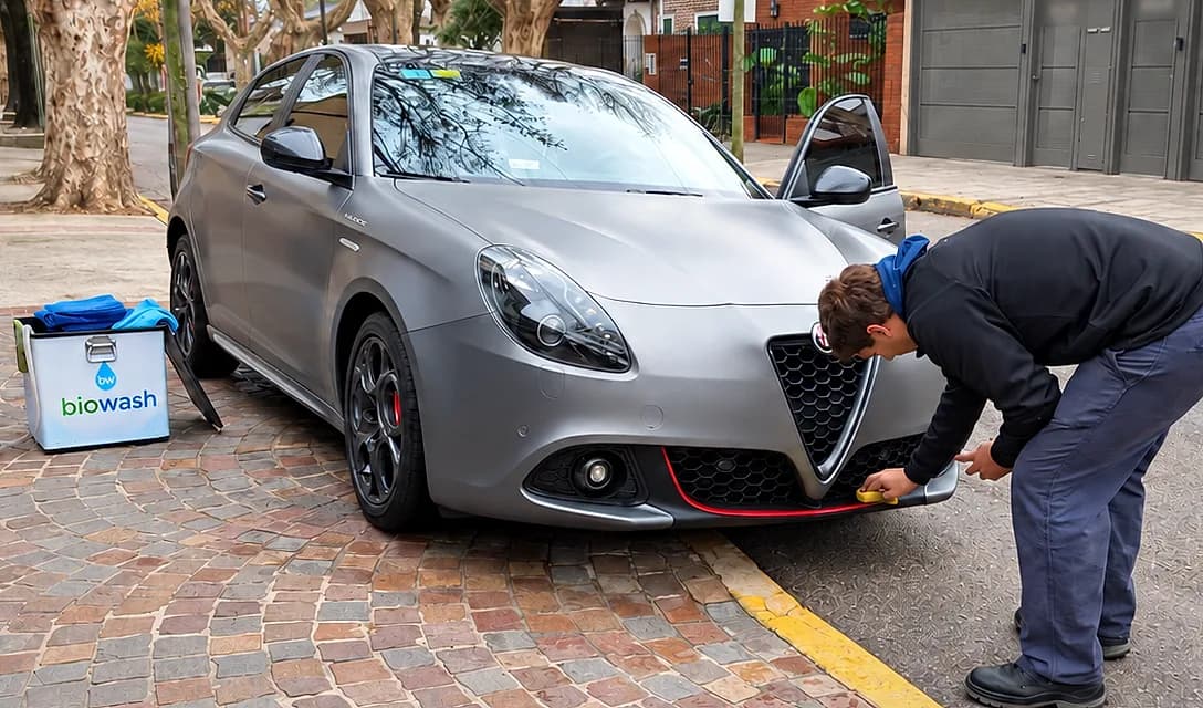 Un biowasher terminando de lavar un auto estacionado frente a una casa, con la máquina de BioWash apoyada en la calle